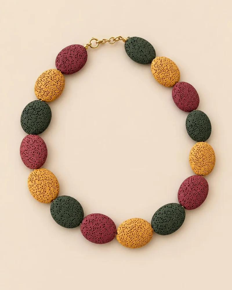Collar CALIA tricolor de piedras naturales en ocre, burdeos y verde hoja