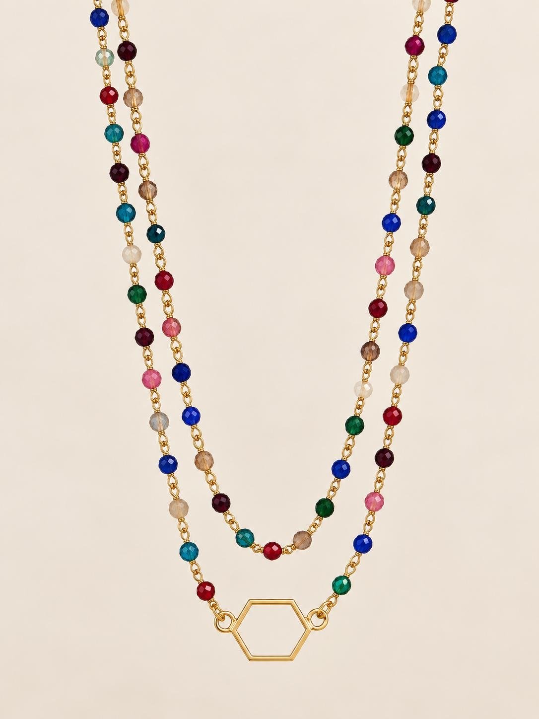 Collar HEXIA multicolor de doble vuelta con la pieza hexagonal dorada
