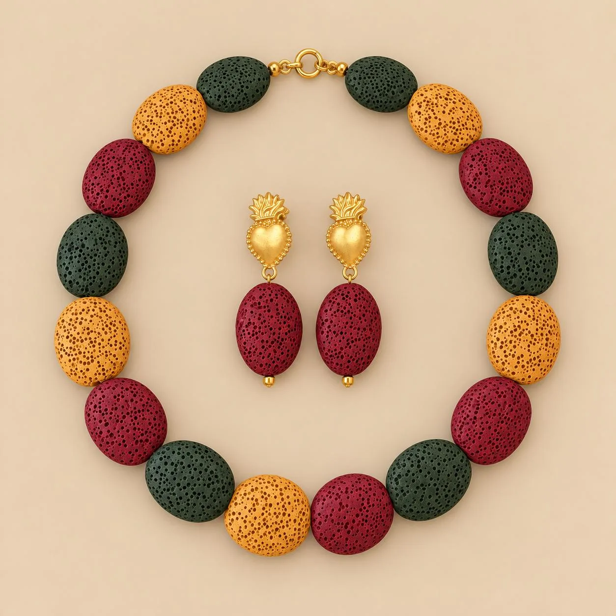 Collar CALIA tricolor con pendientes corazón burdeos