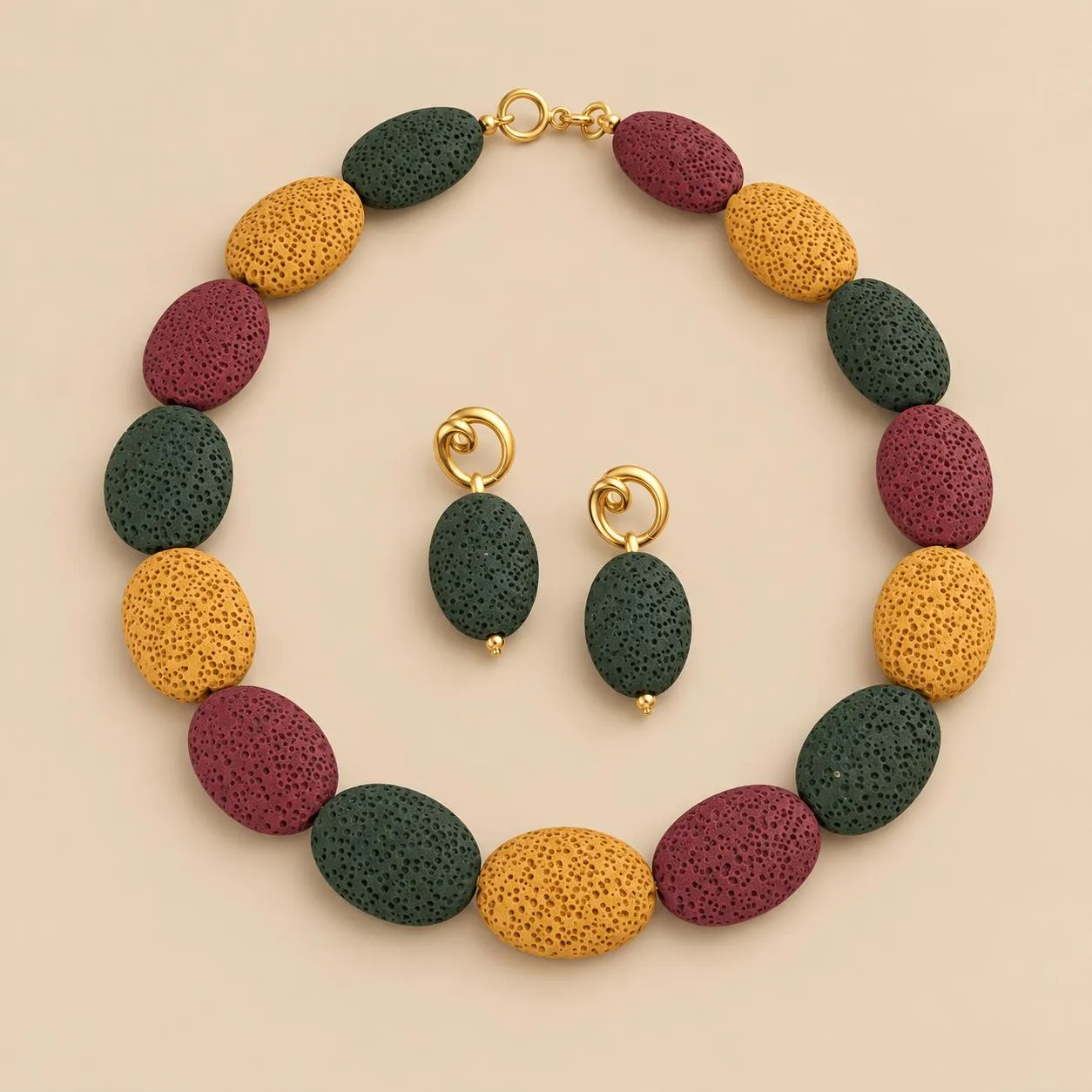 Collar CALIA tricolor con pendientes circulares verdes