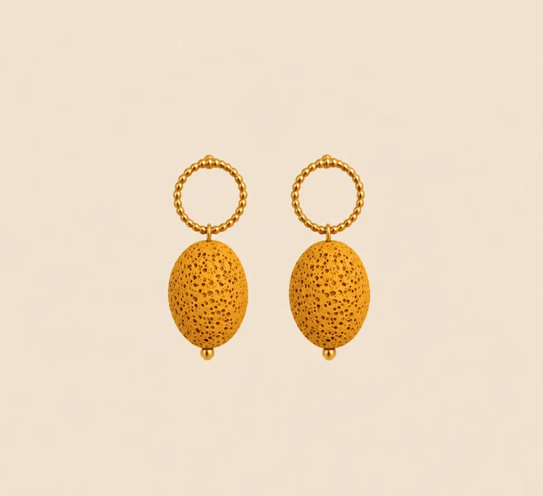Pendientes CALIA aro de bolitas con piedra natural ocre